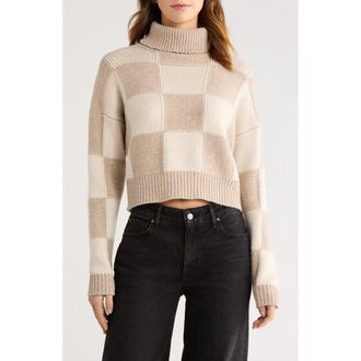 Splendid Thea Check Crop Turtleneck Sweater in Pale Oak White/Brown at Nordstrom, Size X-Large