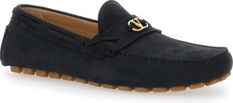 Valentino Garavani Mens Black Suede Loafers With Vlogo Plaque Calf