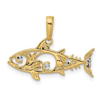 Diamond2Deal 14k Yellow Gold and White Rhodium Diamond-Cut Fish Pendant