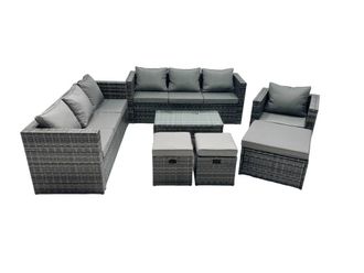 Fimous 10-seater Patio Coffee Table Sofa Set with 3 Stools Dark Grey Mixed