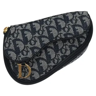 Dior Vintage Saddle Coin Purse Diorissimo Canvas Navy Canvas Bag (Pre-Owned)