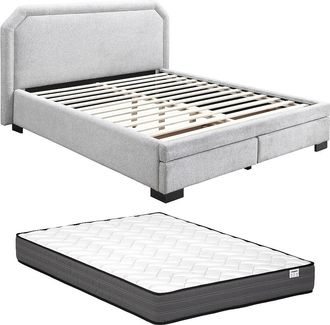 Vente-Unique Cama con cajones 160 x 200 cm - Tela - Gris claro + Colch&oacute;n - INASTO