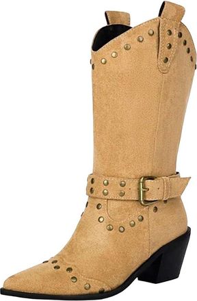 Generic Womens Mid Calf Boots Suede Slip On Rivet Decor Riding Style Long Booties