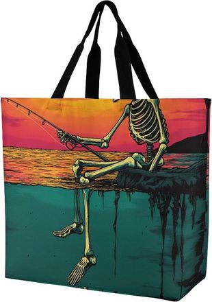 Generic Fishing Skull Reusable Shopping Bags One Shoulder Grocery Tote Bag Waterproof Big Purse for Work Travel