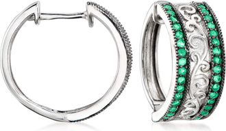 Ross-Simons Emerald Milgrain Hoop Earrings in Sterling Silver