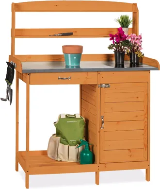 Best Choice Products Outdoor Garden Wooden Potting Bench Station w/ Metal Table Top, Pre-Stained Finish, Cabinet - Brown