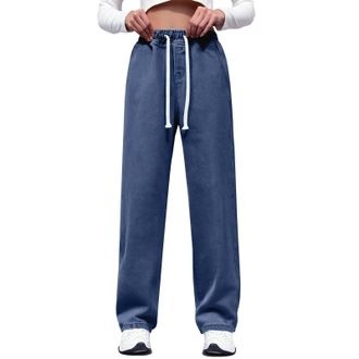 Generic Wide Leg Jeans for Women Baggy High Waisted Jeans Stretch Straight Leg Pants Casual Drawstring Trousers Dark Blue