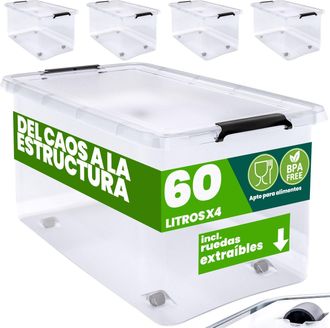 Deuba Caja Almacenamiento Pl&aacute;stico Transparente Resistente Capacidad 30 &Oacute; 60 Litros Organizador Con Tapa 4 Ruedas Libre De Bpa Contenedor Apilable 4x 60l (d
