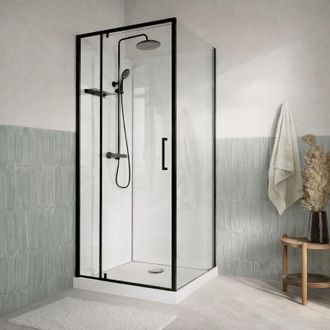 Aurlane Cabina De Ducha 90x90 Con Columna Termost&aacute;tica Negra Y Plato Bajo