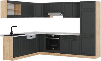 Vicco Cocina esquinera R-Line, Casa de campo antracita/roble dorado, 227 x 287 cm, et Mármol