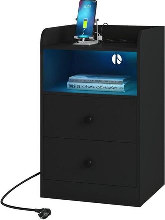 Woltu 1x Comodino moderno per camera da letto, con Prese, Porte usb e Luci a led, Tavolino con 1 Piano, 1 Scomparto e 2 Cassetti Nero - Woltu