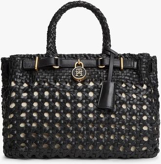 Tommy Hilfiger Womens Woven Leather Mini Tote Bag - Black