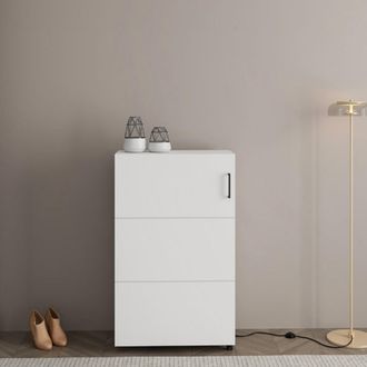 Dmora Zapatero Porvoo, Mueble Para Zapatos 6 Estantes, Una Puerta, Doble Capacidad, Ruedas, 68x33x113h Cm Blanco Mate