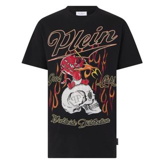 Philipp Plein Tops, Heren, Zwart, S, Katoen, Round Neck T-Shirt Little Devil Crystal
