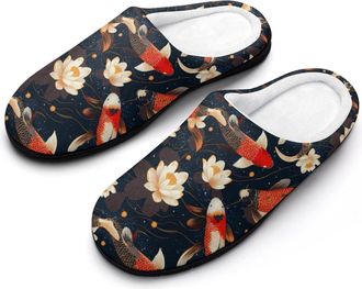 Generic Gold And Red Japanese Fish Mens Soft Cotton Slippers with Memory Foam Anti-skid House Shoes for Travel Indoor Outdoor