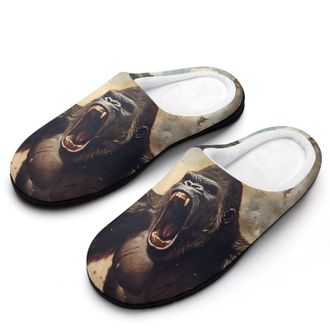 Generic Gorilla Fighting Airships War Mens House Slippers Memory Foam Washable Cotton Slip on Home Shoes