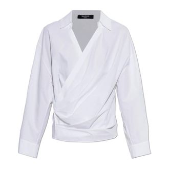 Balmain Blouses, female, White, Size: 2XS Draped Cotton Poplin Shirt