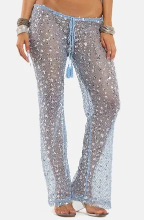 Jaded London Sequin Embellished Sheer Lace Pants in Turquoise at Nordstrom, Size 10