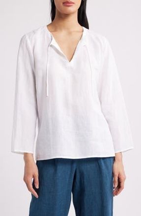 Eileen Fisher Split Neck Organic Linen Top in White at Nordstrom Rack, Size Xx-Small