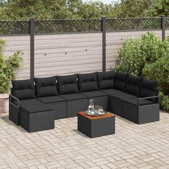 vidaXL Vidaxl - Conjunto De Sof&aacute; De Jard&iacute;n Con Coj&iacute;n 9 Pcs Negro Polirat&aacute;n