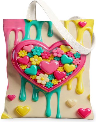 Generic Heart Pattern Canvas Tote Bags, Cute Floral Design Reusable Grocery Bags, Summer Lightweight Washable Shoulder Strap Canvas, Multicolor, 13x15 Inch