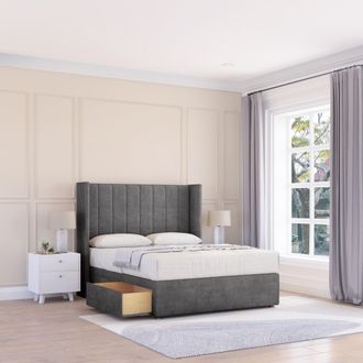 Sloomy Falcon Plush Wingback Bed Set, 2 Drawers & 54 Floor Standing Headboard in Dark Grey | Size: King