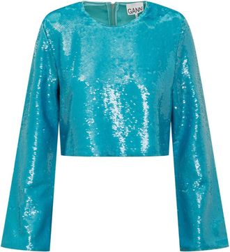 Ganni Blue Embellished Round Neck Top
