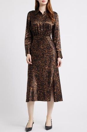 Rails Jazlyn Leopard Long Sleeve Satin Midi Shirtdress in Ginger Spotted at Nordstrom Rack, Size Xx-Small