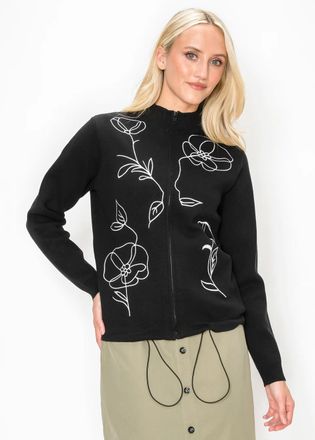 YAL New York Embroidered Floral Knit Cardigan in Black