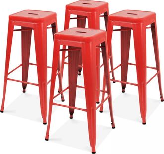 Oviala Lote de 4 taburetes de bar de metal rojo mate