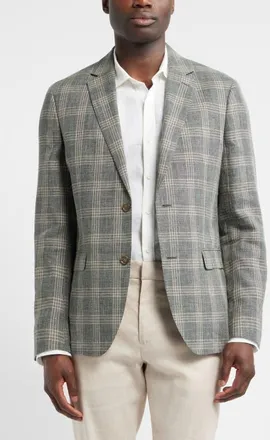 Nordstrom Henrik Trim Fit Plaid Slub Linen & Cotton Blend Sport Coat in Green Enzo Plaid at Nordstrom, Size 46