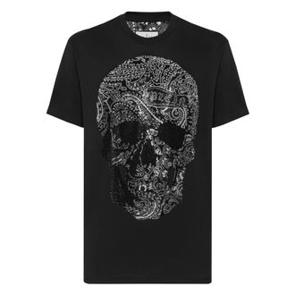 Philipp Plein Tops, Heren, Zwart, L, Katoen, T-shirt met Ronde Hals Paisley Skull