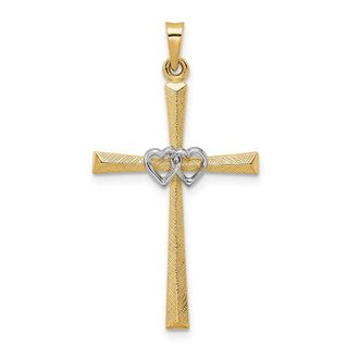 Diamond2Deal 14k Two-tone Gold Solid Double Hearts Cross Pendant