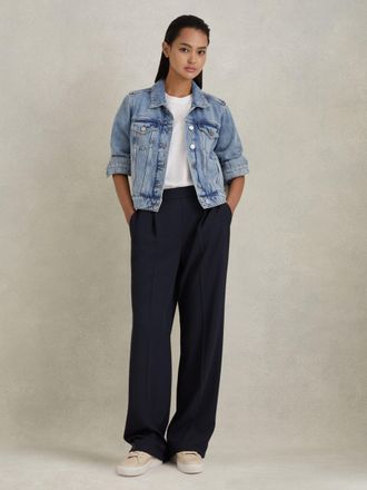 Reiss Eden Wide leg Trousers Plain, Navy Size: 10L