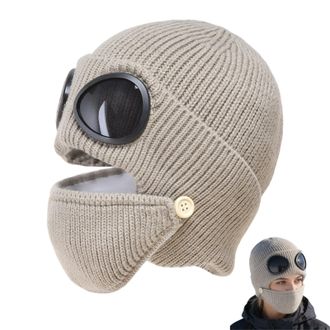 Generic Unisex Winter Ski Beanie Hat with Goggles and Detachable Mask for Skiing Cycling and Outdoor Activities (Khaki)