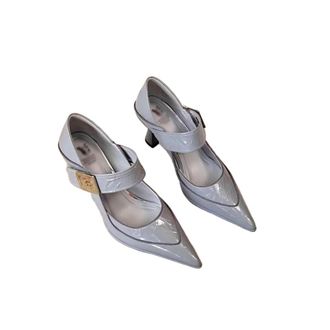 Generic JCVBN Soft Leather Pointed Toe Single Shoes Womens Autumn Shallow Mouth Metal Buckle Temperament Fashion High Heels Light Blue