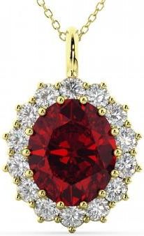 Allurez Oval Ruby & Diamond Halo Pendant Necklace 14k Yellow Gold (6.40ct)