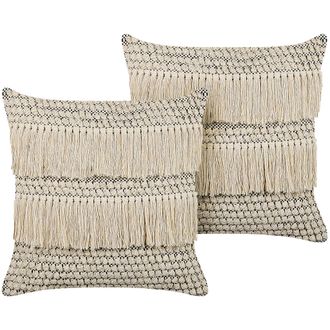 Beliani Conjunto De 2 Cojines De Algod&oacute;n Beige Negro 45 X 45 Cm Borlas Accesorio Iresine