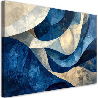 Feeby Cuadro Sobre Lienzo, Olas Abstractas Azul Y Beige, 120x80