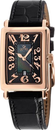 Gevril Group Ave of Americas Mini Rose Stainless Steel Case, Black MOP Dial, Genuine Black Leather Strap. Swiss Quartz Watch