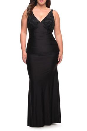 La Femme Jersey Plus Gown with Jeweled Bodice and V-Neckline in Black at Nordstrom, Size 24W