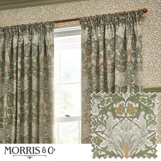 Morris & Co. Snakeshead Jacquard Chenille Room Darkening Pencil Pleat Curtains in Stone | Size: 117 cm width x 183 cm drop