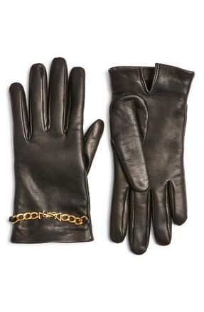 Saint Laurent Chain Link Cashmere Lined Leather Gloves in Black/Gold at Nordstrom, Size 6.5