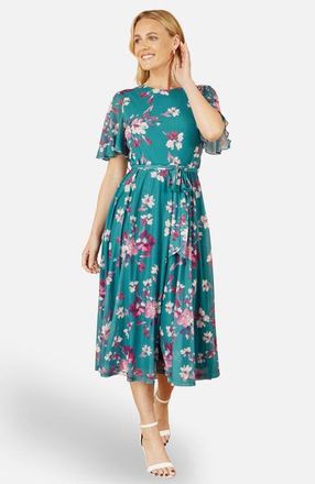 Yumi Mesh Skater Floral Midi Dress in Teal at Nordstrom, Size 10
