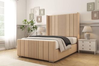 Comfort Beds Grace Plush Bed Frame With Mattress-50 Upholstered Wingback in Stone | Size: Single