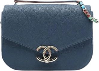 Chanel Pre-owned Quilted Caviar Satchel - Dames - Vintage Schoudertas - Blauw - ONE Size - Leer - Vintage