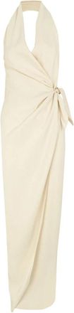 Cortana Mona Halterneck Wrap Jurk - Dames - Wikkelkleedje - Beige - L - Linnen - Kleedjes