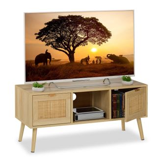 Relaxdays Relaxdays - Mueble Tv, Efecto Rat&aacute;n, Mesa Para Televisor Hasta 43, Lowboard, 45,5 X 100 X 40 Cm, C&oacute;moda Tele, Natural