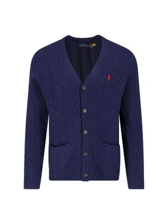 Polo Ralph Lauren Blue Cable-Knit Wool-Cashmere V-Neck Cardigan