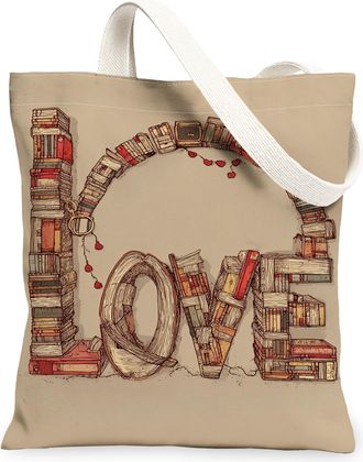 Generic Vintage Artistic Canvas Tote Bags, Love Books Design Lightweight Washable Reusable Grocery Bags for Shopping Travel Beach, Beige, 13x15 Inch